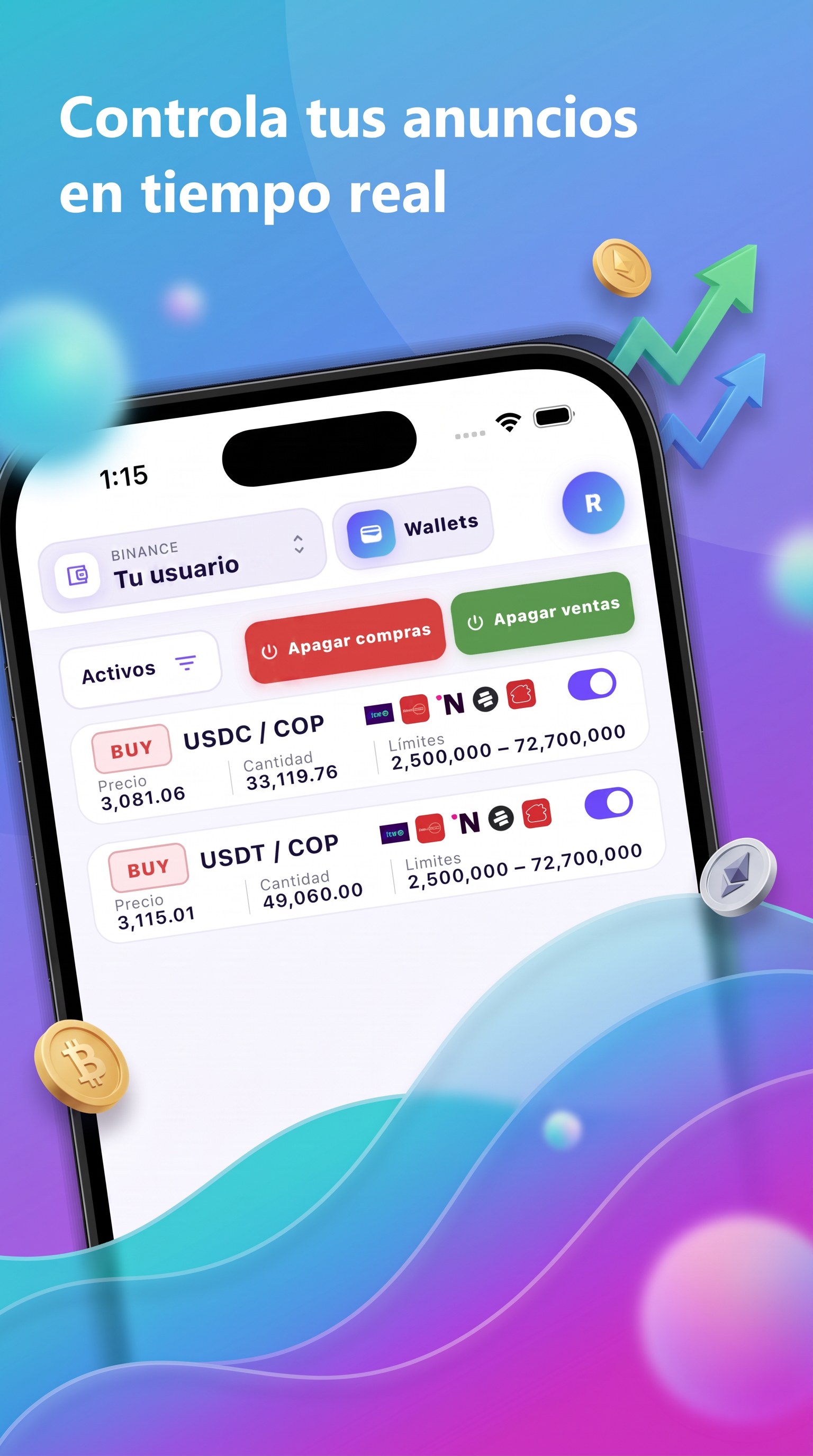 ArbiMod App controlando anuncios P2P desde el móvil