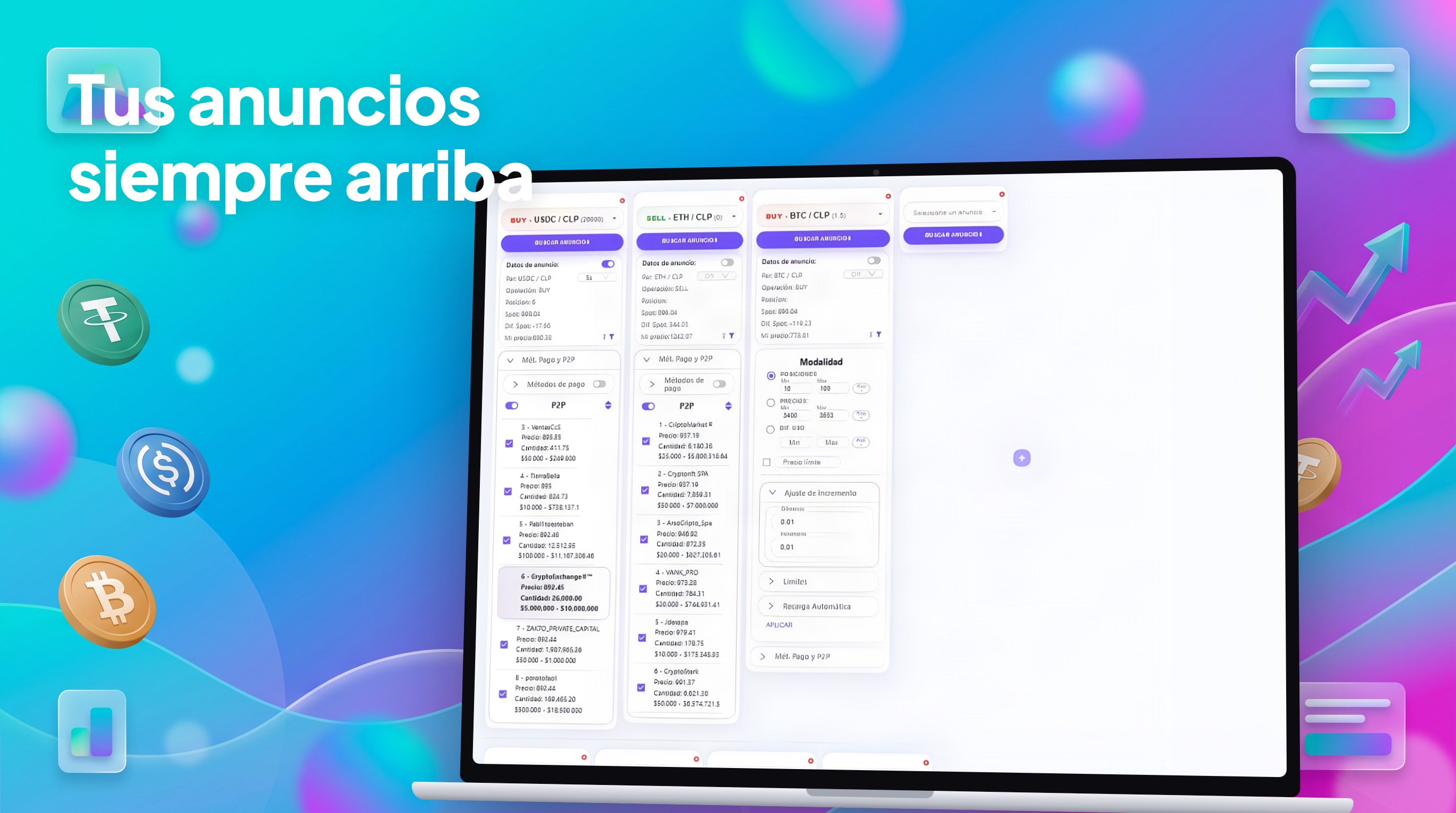 ArbiMod Edge mostrando columnas de anuncios BUY/SELL con panel de modalidad y métodos de pago