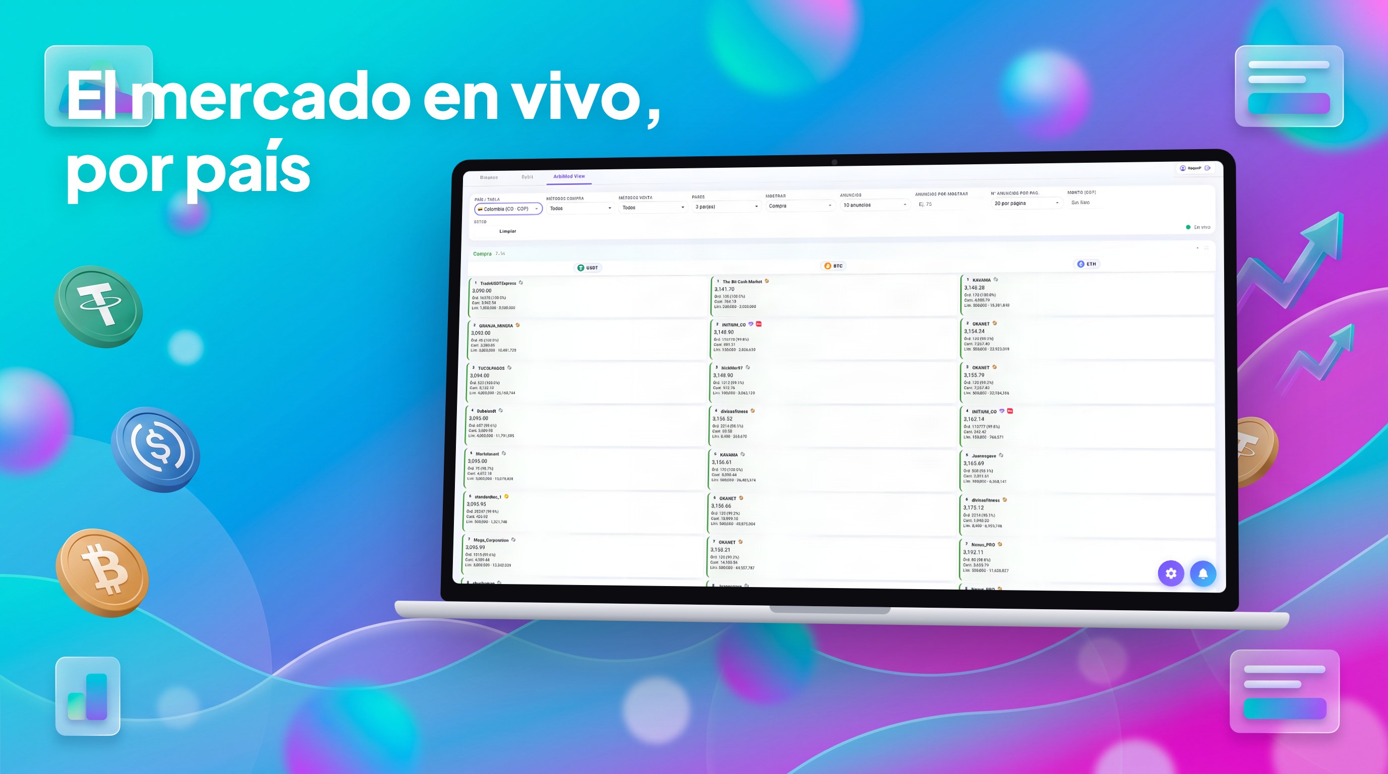 Tabla P2P de Binance con anunciantes, precios y métodos de pago