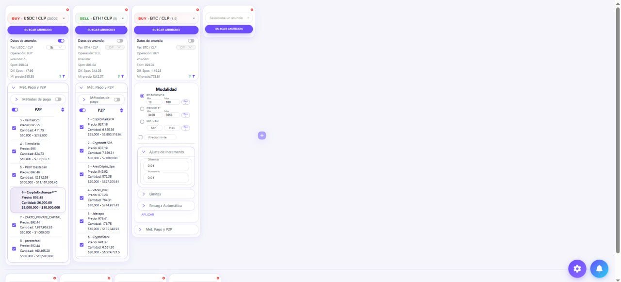 ArbiMod Edge showing BUY/SELL ad columns with mode panel and payment methods
